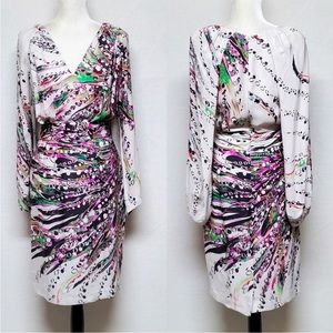 Anne Klein Fluid Art Cape-Sleeve, Ruched A-Line, Silk Dress